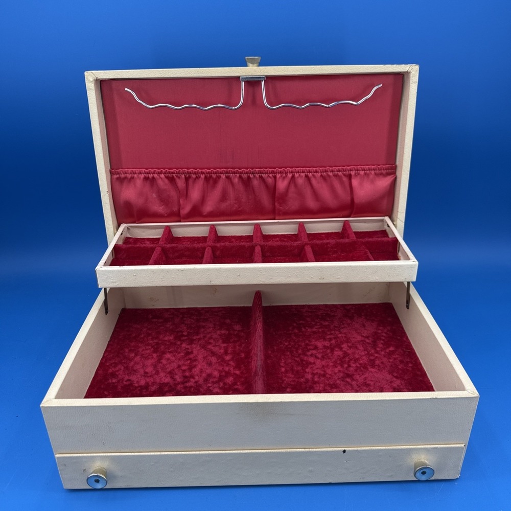 Vintage‎ Jewelry Box Two Tier Cream with Red Velvet Lining